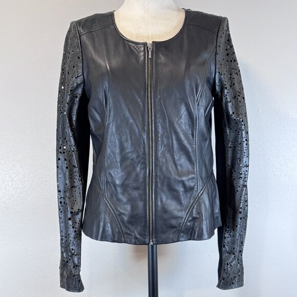 Hinge Womens Motorcycle Jacket Black Leather Full Zip Laser Cut Lined Size M NWT - Picture 1 of 16